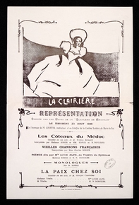 Programme imprimé monochrome. Sous la représentation d'une dame faisant une révénrence et sous le titre "la Clairière", on lit le texte suivant : Représentation donnée par les hôtes de la "Clairière de Neuville" le dimanche 23 août 1908. En l'honneur de M. Courtin, instituteur, et au bénéfice de la cantine scolaire de Buire-le-Sec. "Les côteaux du Médoc", comédie en un acte de M. Tristan Bernard, interprétée par Mme Risser et MM. Risser et Denicker. "Vieilles chansons françaises", interprétées par Mme Charles Morice. Poèmes dits par Mlle Lucie Alfé, du théâtre du Gymnase.Monologues par M. Risser. "La paix chez soi", comédie en un acte de M. Georges Courteline. Mme Trielle : Mlle Lucie Alfé. M. Trielle : M. Denicker