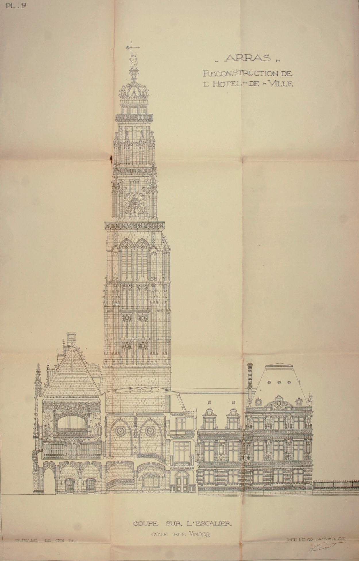 Plan d'architecte montrant une coupe d'un beffroi.