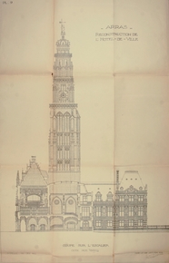 Plan d'architecte montrant une coupe d'un beffroi.