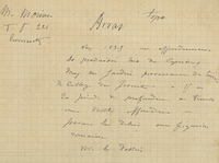 Texte manuscrit sur lequel on lit :"Arras. Topo. Vers 1838 un effondrement se produisit rue des Capucins dans un jardin provenant du terrain du collège des jésuites. À 15 ou 20 pieds de profondeur on trouva une voûte effondrée et parmi les débris une figurine romaine. Voir le dessin".