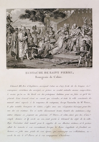 Illustration montrant une reine agenouillée devant un roi et sa cour, au-dessus d'un texte où on lit : "Édouard 3, roi d'Angleterre, assiégeait Calais en 1347. Irrité de la longue et courageuse résistance des assiégés, ce prince ne voulut entendre aucune composition à moins qu'on ne lui livrât six des principaux habitants pour en faire ce qu'il lui plairait. Leur Conseil réuni ne savait que résoudre, et toute la ville consternée demeurait ainsi exposée à la vengeance du vainqueur, lorsqu'Eustache de Saint-Pierre, le plus notable bourgeois de Calais, s'offre avec une résignation héroïque, pour être une des six victimes. Un si noble dévouement trouve bientôt des imitateurs ; cinq autres citoyens se joignent au généreux Saint-Pierre, et vêtus, ainsi que lui, d'une simple chemise et la corde au cou, vont porter à Édouard les clefs de la ville. Déjà l'exécuteur était mandé pour le supplice de ces illustres victimes, et le prince allait les immoler à son ressentiment, lorsque la reine suppliante et fondant en larmes, se jette aux pieds de son époux, qui, vaincu par ses sollicitations, accorde la vie à Saint-Pierre et à ses compagnons d'héroïsme".