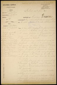 Texte manuscrit sur lequel on lit : « Gendarmerie nationale. Rapport du capitaine Pruvot, commandant l’arrondissement de Boulogne-sur-Mer, en service à Calais sur la visite de Monsieur le Ministre des Colonies à Calais. Le 3 juin 1895, Monsieur le Ministre des Colonies est arrivé à Calais par le train de 12 h 16 pour présider à l’inauguration du monument élevé en l’honneur des « Bourgeois de Calais ». Conformément aux instructions reçues, 25 gendarmes à cheval et 20 gendarmes à pied ont concouru au service d’ordre, et le capitaine et ses 5 brigades à cheval ont formé l’escorte d’honneur de Monsieur le Ministre qui s’est rendu directement de la gare à la mairie de la ville, où ont eu lieu, vers une heure 15 les visites de corps. À 3 heures, inauguration du monument des « Bourgeois de Calais » devant Monsieur le Ministre. Plusieurs discours patriotiques y ont été prononcés. Après cette cérémonie, visite à l’exposition artistique et au musée. À partir de ce moment (4 heures 30), l’escorte d’honneur a été disloquée sur un ordre donné et un service spécial composé de deux gradés et de 3… »