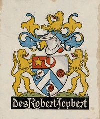 Ex-libris montrant des armoiries sous lesquelles on lit "Des Robert-Joybert".