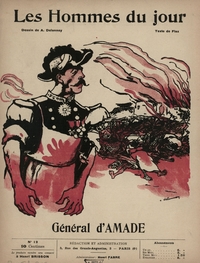 Une de journal montrant un militaire revêtu des gants et du tablier d'un boucher, contemplant une charnier et l'incendie de bâtiments derrière.