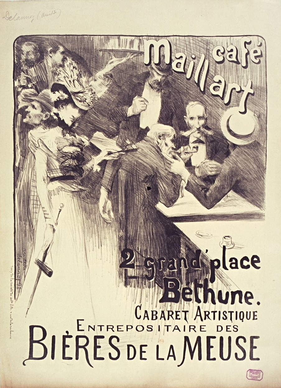 Affiche noir et blanc montrant un groupe d'hommes attablé à une table de café. Un café de café s'approche de leur table, parmi un groupe flou de personnages.