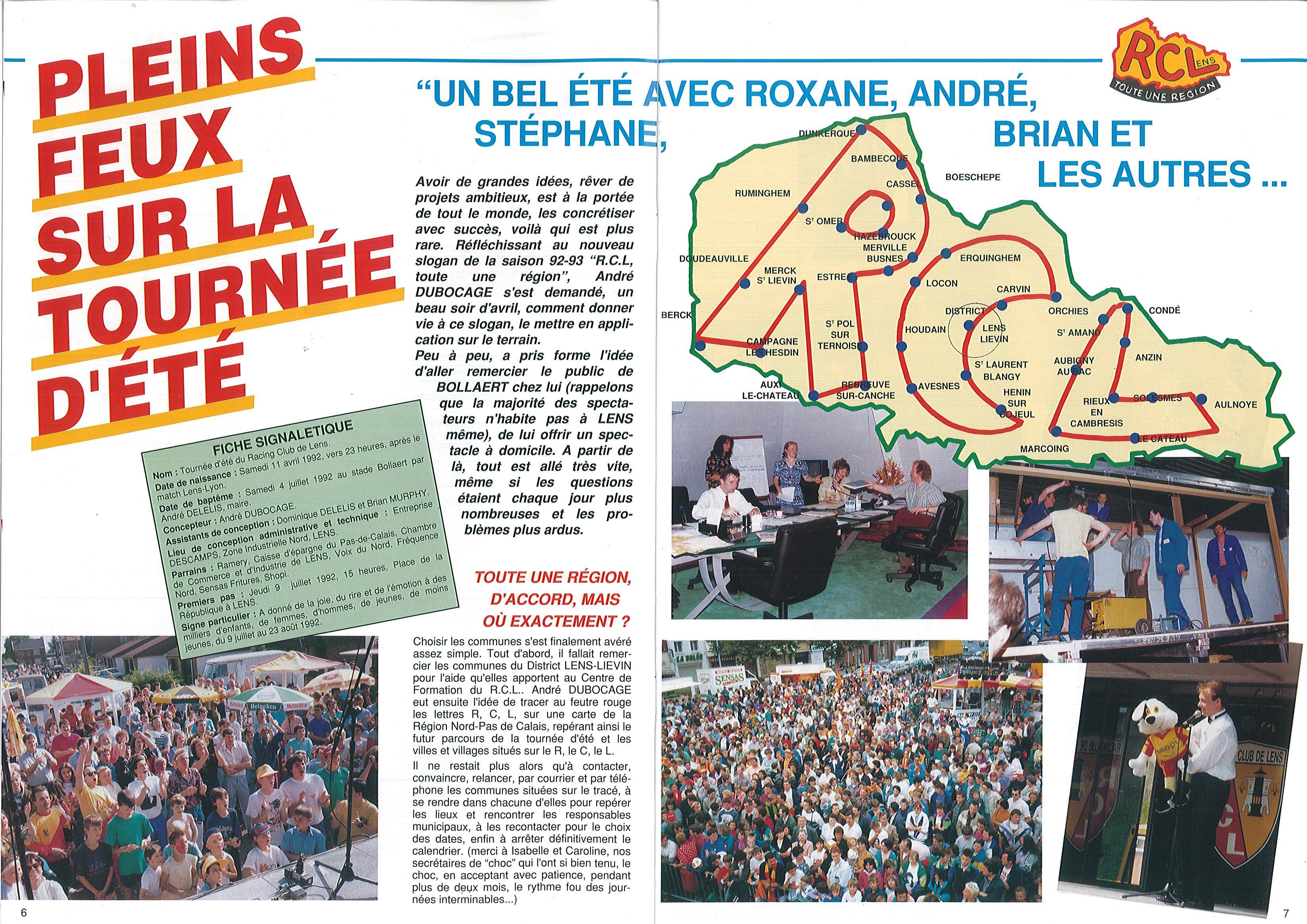 Intérieur coloré d'un magazine. Encadrant le texte, une carte du Pas-de-Calais, des photographies de spectateurs devant une scène, un commentateur sur scène tenant une peluche et des préparatifs d'installation.