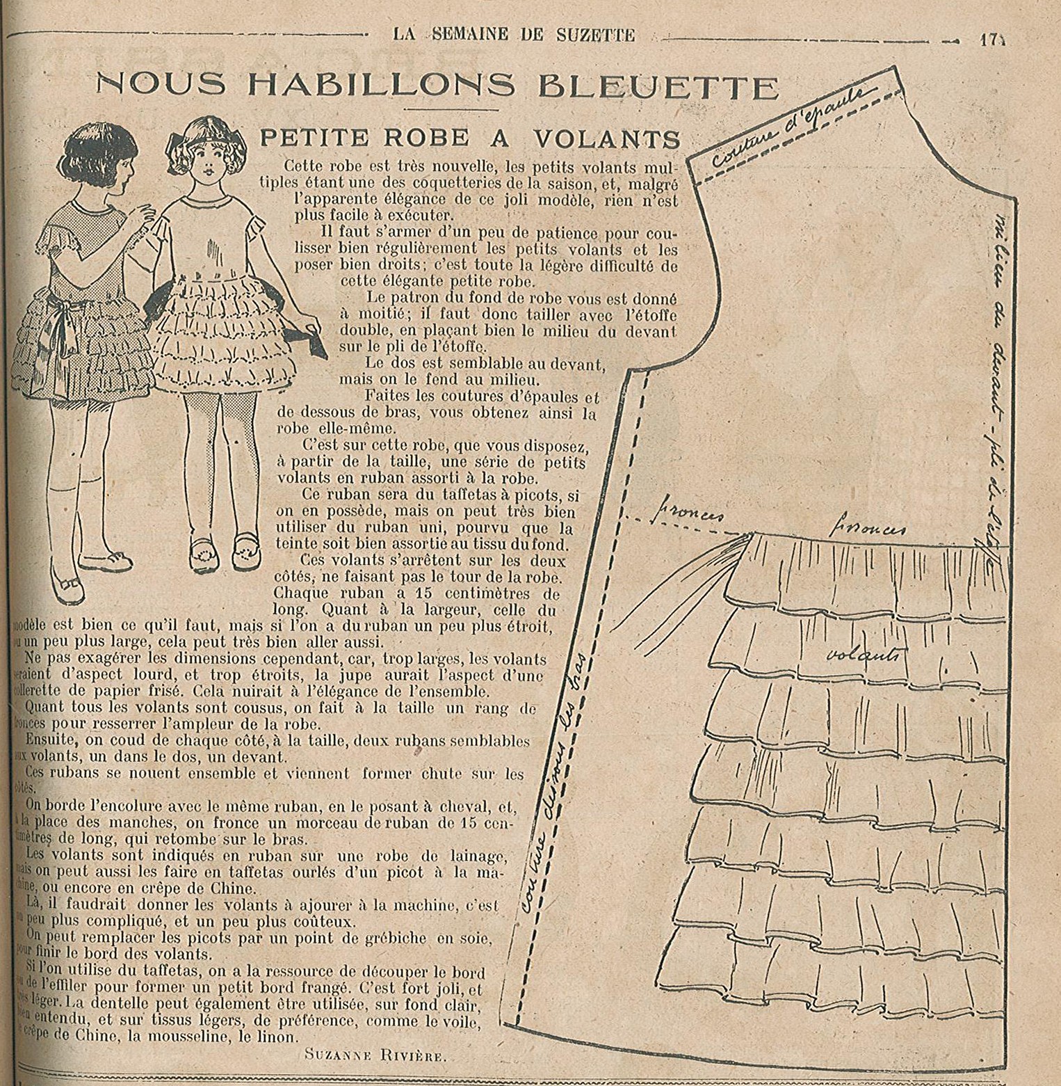 Page de livre monochrome montrant le patron d'une robe à volant accompagné d'un texte explicatif.