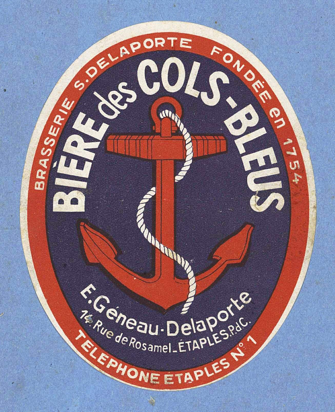 Écusson d'une marque de bière, nommée Cols-bleus (brasserie Delaporte, fondée en 1754), montrant un ancre et une corde qui y est attachée.