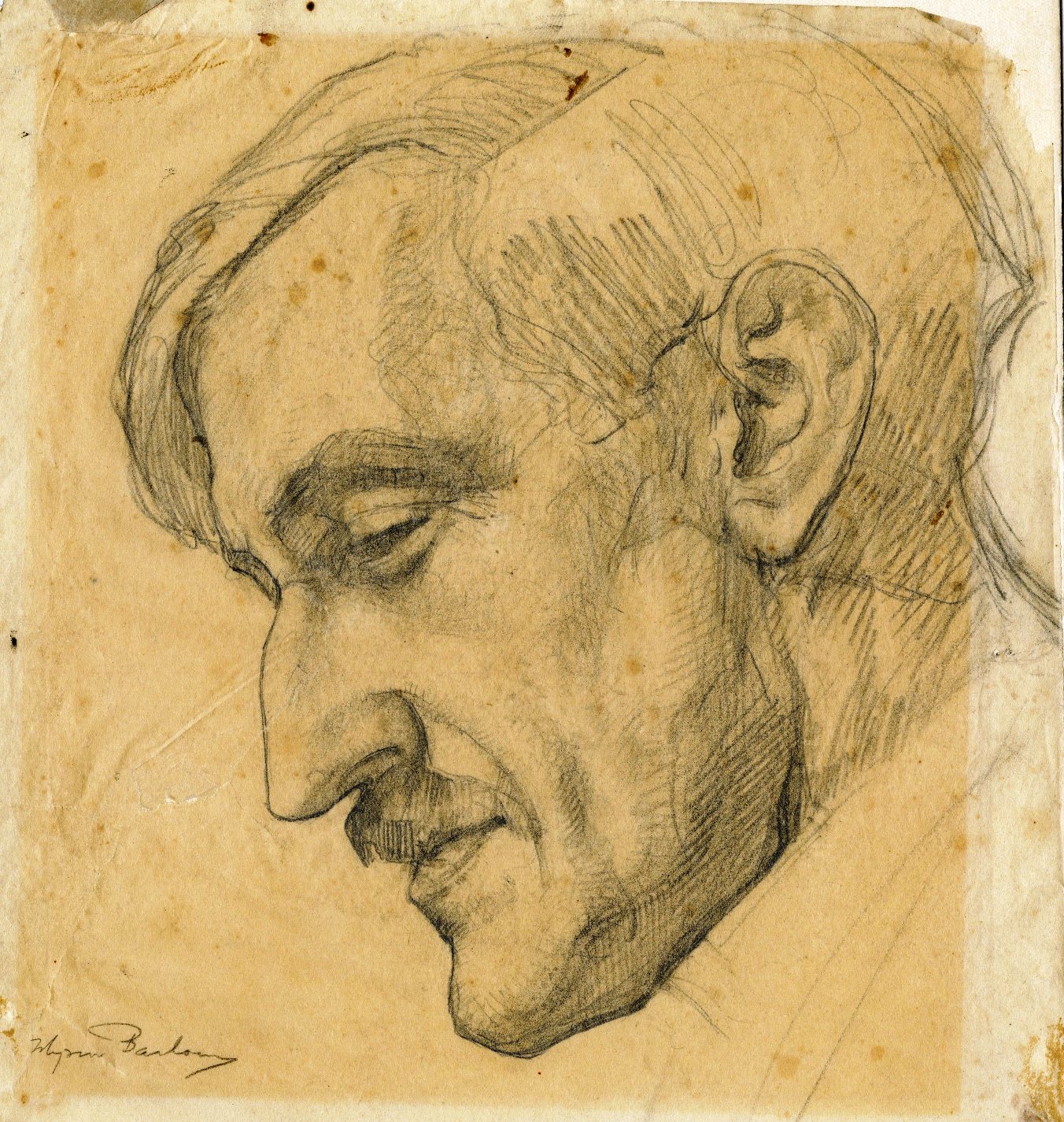 Portrait au crayon d'un homme de profil, tête baissée.