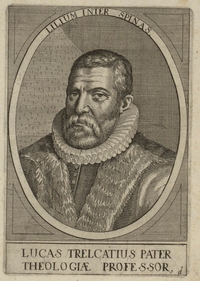 Gravure noir et blanc montrant le buste d'un homme de trois-quart d'un homme barbu portant une fraise. 