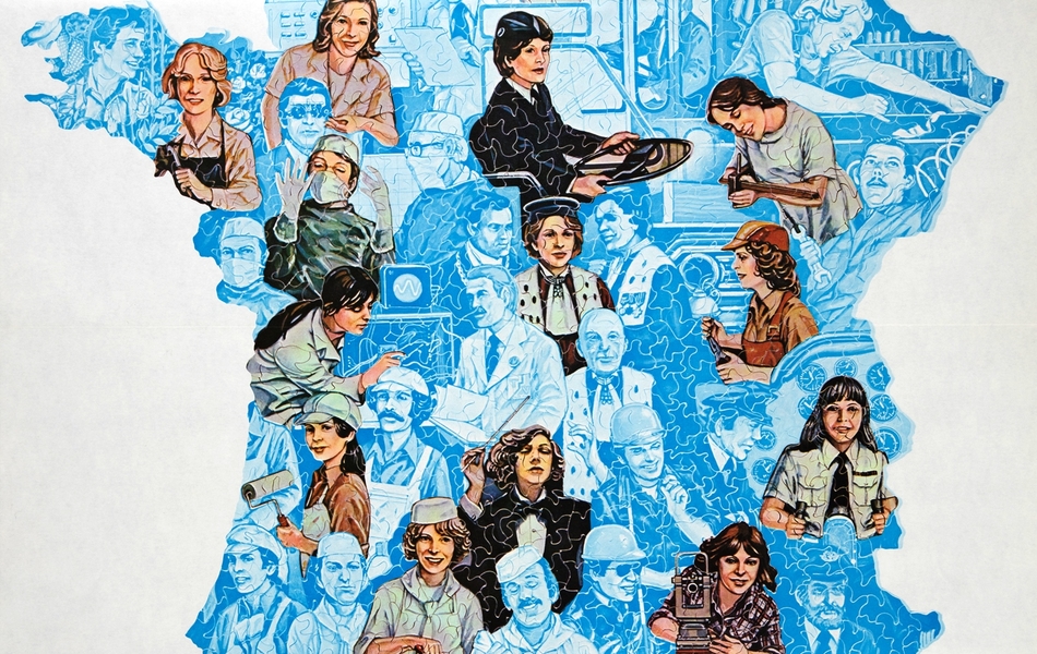 Affiche couleur représentant une carte de France dans laquelle on voit des femmes en situation de travail.