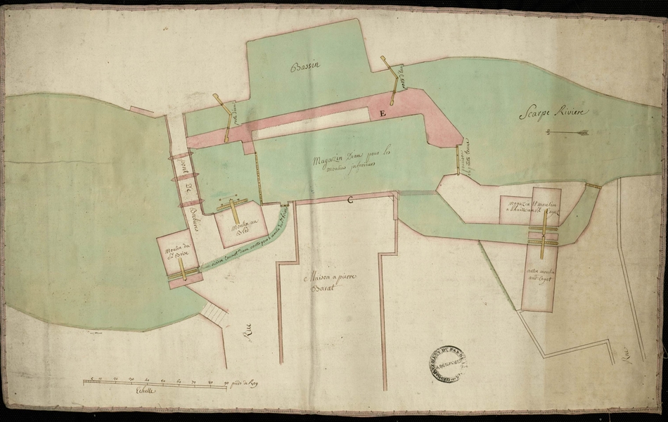 Plan couleur légendé ainsi : "bassin", "magasin pour les moulins inférieurs", "Scarpe rivière", "pont de Brebières", "moulin de Sainte Brise", "moulin au blé", "maison à Pierre Barat", "magasin à huile", "moulin de Cayet".