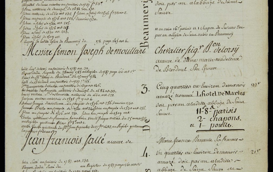 Document manuscrit sur lequel on lit : "l'église de saint Valois en Beaumery. 1 : le lieu de ladite église et le cimetière. 2 : deux journaux ou environ du manoir amasé nommé l'hôtel saint Julien doit par an à l'abbaye de saint Saulve et en outre 16 parisis et un chapon de Surcens par an à l'église de saint Valois en Beaumery..."