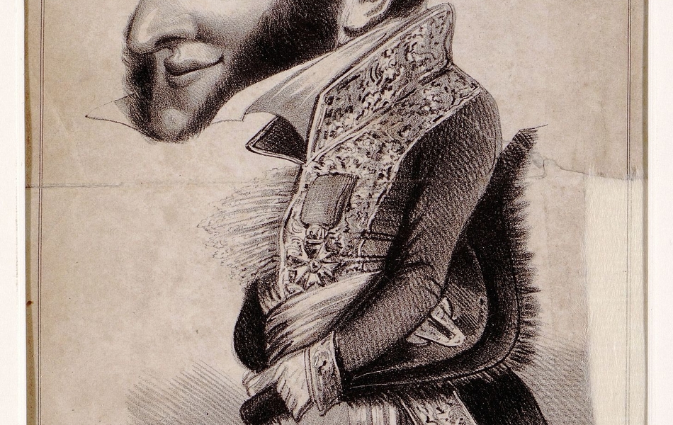 Dessin manuscrit monochrome caricatural, montrant un homme en habit d'apparat, portant des décorations sur le revers de sa veste et hydrocéphale.