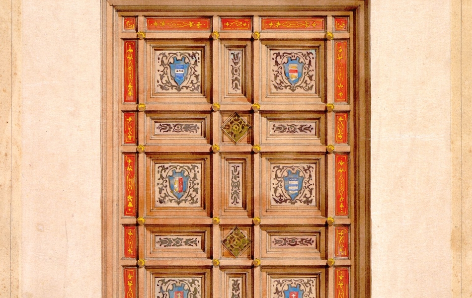 Dessin couleur d'un plafond à caissons richement décoré d'ornementations colorées.