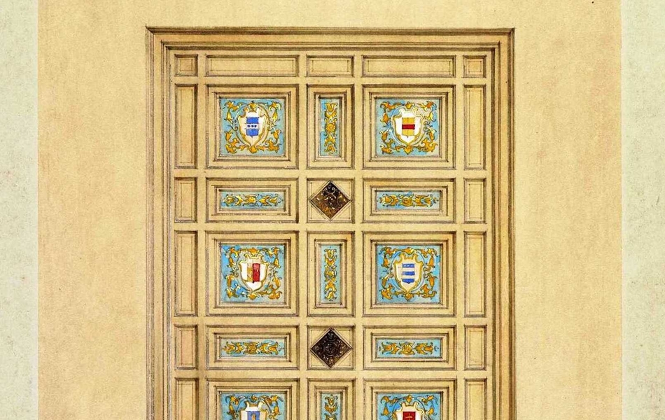 Dessin couleur d'un plafond à caissons richement décoré d'ornementations colorées.