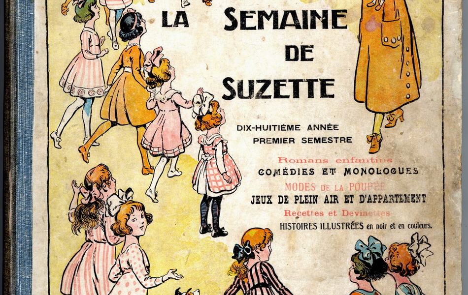 Couverture de livre couleur montrant des fillets faisant une ronde et accourant au devant d'une femme brandissant des magazines.
