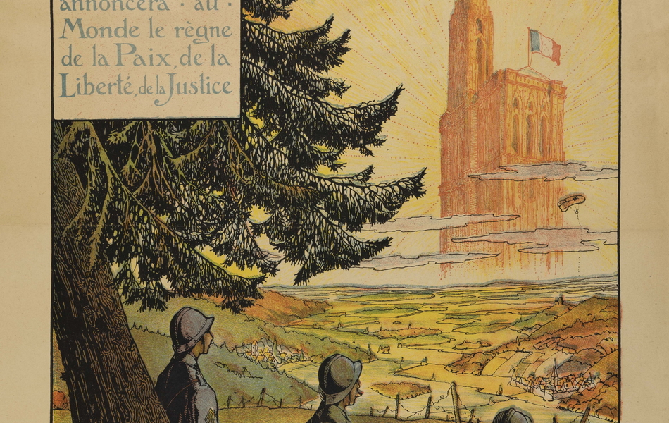 Affiche couleur montrant au premier plan trois soldats dos tournés, regardant en direction d'un bâtiment éclairé au lointain, au sommet duquel flotte un drapeau français nimbé de lumière.