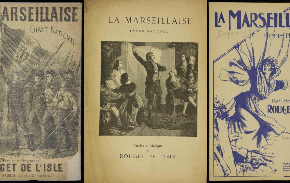 Deux couvertures monochromes de la Marseillaise représentant des révolutionnaires armes au poing, encadrant une première page de paroles illustrée de même.