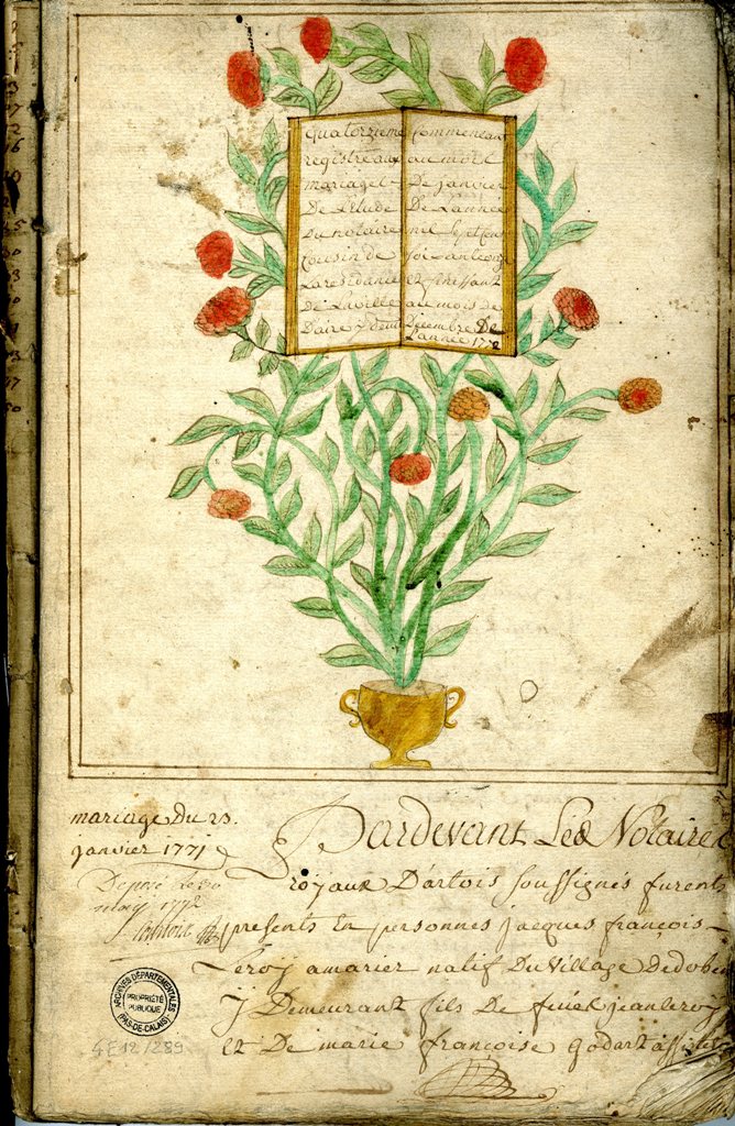 Document manuscrit représentant un livre ouvert où on lit "Quatorzième registre aux mariages de l'étude du notaire Cousin de la résidance de la ville d'Aire [...] commençant au mois de janvier de l'année mil sept cent soixante onze et finissant au mois de décembre de l'année 1772". Ce livre semble accroché dans une grande plante en pot ornée de fleurs rouges