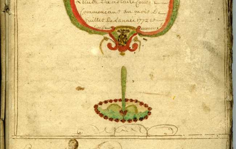 Document manuscrit sur lequel est écrit "Trente sixième registre aux actes réciproques de l'étude du notaire Cousin commençant au mois de juillet de l'année 1772 et finissant au mois de décembre". Ce titre est entouré de fioritures ; en-dessous, un jet d'eau jaillit d'une fontaine