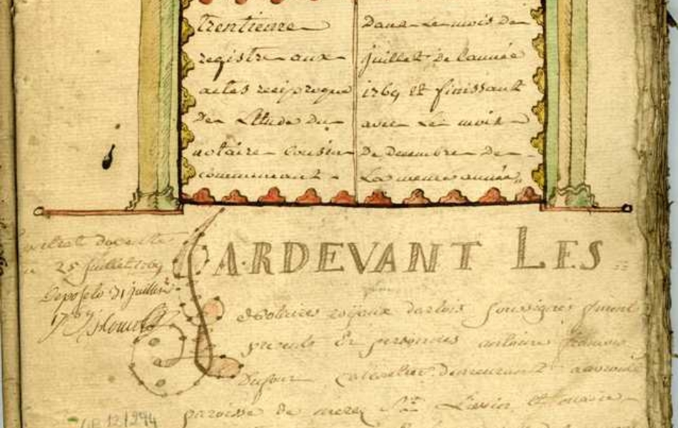 Document manuscrit où on voit un cadre entouré d'une structure à colonnes. À l'intérieur du cadre, on lit "Trentième registre aux actes réciproques de l'étude du notaire Cousin commençant dans le mois de juillet de l'année 1769 et finissant avec le mois de décembre de la même année". Au-dessus de ce titre, quelques arbesques fleuries forment un arc de cercle