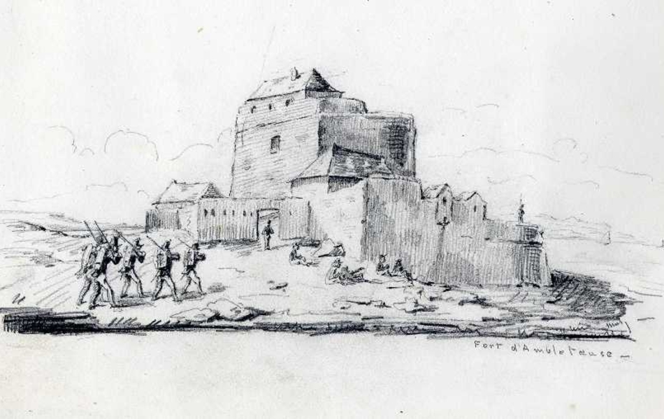 Dessin noir et blanc montrant des soldats devant un fort surélevé dominant le large