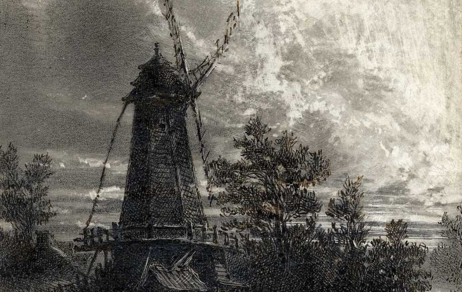 Dessin noir et blanc d'un moulin au bord de l'eau