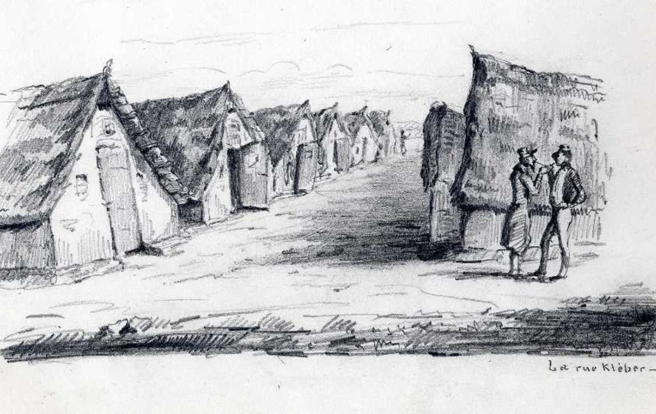 Dessin noir et blanc d'un campement composé de tentes mitoyennes en vis-à-vis. Deux soldats discutent à l'entrée