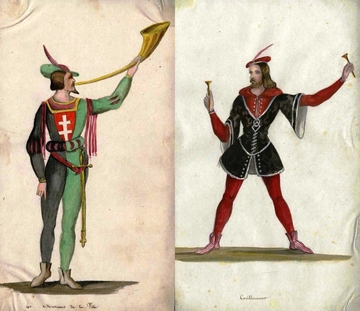 Dessin couleur de deux hommes vêtus à la mode moyennageuse ; l'un tient deux clochettes et en-dessous, on lit "carillonneur", l'autre souffle dans une corne, au-dessus de la légende "musicien de la ville".
