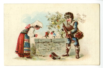 Illustration couleur de deux enfants en habit campagnard devant un muret où dansent deux souris portant des costumes. À gauche, la fillette (fichu dans les cheveux, châle et tablier colorés) se penche vers elles tandis que le garçonnet de droite (gilet en peau, guêtres rustiques) souffle dans une cornemuse. Un chapeau retourné est posé devant lui.