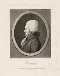 Médaillon noir et blanc du portrait de Pierre Monsigny de profil. Il porte une perruque et un pardessus sur lequel est épinglé la croix de la légion d'honneur. En dessous de ce portrait, on lit "Monsigny. Se vend chez Quenedoy rue neuve des Petits Champs n° 15 à Paris".