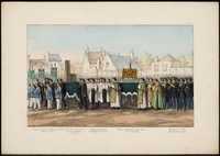 Dessin en couleur d'une procession religieuse. Au premier rang des enfants habillés de bleu portent des oriflammes (légende : élèves des classes dirigées par les frères des écoles chrétiennes Tours de l'abbaye de St Eloi, choeur de chant), suivis d'une maquette d'église, puis de prêtres (légende : chanoines réguliers de l'abbaye de St Eloi), d'un reliquaire (légende : châsse contenant le corps entier de St Vindicien) et de musiciens ( légende : musique du 17e bataillon de chasseurs à pied)..