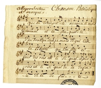 Partition de musique manuscrite sous-titrée de ces paroles "Que la trompette annonce le mois Germinal et la conquête d'un droit qui n'eut jamais d'égal, c'est la Liberté que l'on fête, ce jour des rois est le signal de la défaite, de la défaite".