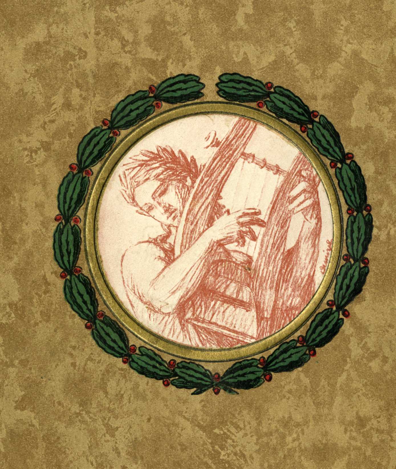 Médaillon couleur ceint de végétation, montrant le buste d'un Apollon tenant une lyre dessiné au fusain.