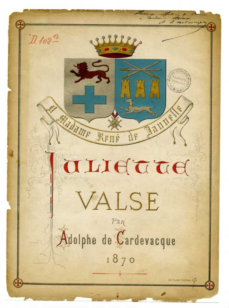 Couverture couleur d'une partition où l'on voit deux blasons (le premier est composé d'un lion noir et d'une croix bleu, le second de trois épées croisées, de trois tours et d'un lévrier) surmontés d'une couronne. En-dessous, on lit "À Madame René de Jeuvelle. Juliette, valse. Par Adolphe de Cardevacque. 1870".