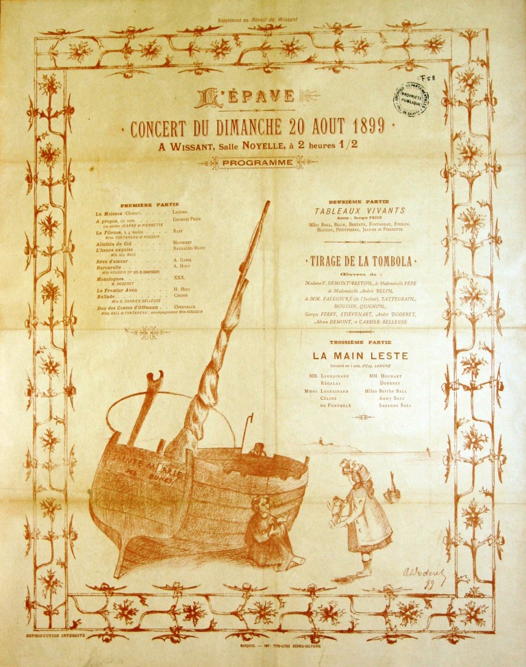 Programme monochrome sur lequel est dessiné un bateau échoué sur le sable qui porte le nom de Sainte-Marie des dunes. Une enfant est adossée contre sa coque, regardant une fillette debout face à elle tenant une poupée. On lit sous le titre énoncé dans la légende "Première partie : La Moisson (choeur) : Lacome, À propos (en vers, en partie Jeanne et Pierrette) : Georges Price, La Fileuse (à 4 mains, Mlles Fontaneau et Houssin) : Raft, Alleluia du Cid : Massenet, L'heure exquise (Mlle Sax. Ralé) : Reynaldo Hann, Rêve d'amour : A. Gabel, Barcarolle (Mlle Nousein, premier prix du conservatoire) : A. Nolt, Monologues (M. Doderet) : XXX., Le Premier Aveu : H. Hert, Ballade (Mlle G. Carrier-Bellevie) : Chopin, Duo des Contes d'Offmann (Mlles Ball et Fontaneau, accompagnement Mlle Houssin) : Offenbach. Deuxième partie : tableaux vivants ([...] Georges Price. Mlles Rall, Bulik, Bertaux, Fontaneau, Foulon, Houssin, Petitpierre, Jeanne et Pierette). Tirage de la Tombola. Oeuvres de Madame V. Demont-Breton, de Mlle Pèpe, de Mlle Andrée Belin, de MM. Falguière (de l'institut), Tattegrain, Houssin, Quignon, Georges Ferry, Stievenart, André Doderet, Adrien Demont, Carrier-Belleuse. Troisième partie : La Main leste. Comédie en 3 actes d'Eug. Labiche. MM. Ledrainard, Régalas. MM. Hochart, Doderet. Mmes Legrainard, Céline. Mlles Berthe Ball, Anny Ball, Suzanne Ball".