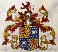 Blason surmonté d'un heaume, le tout en couleur.