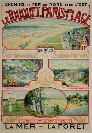 Affiche couleur en 3 parties ; sous le titre "Chemins de fer du Nord et de l'Est. Le Touquet-Paris-Plage" se trouve une illustration d'une plage et des maisons en arrière-plan. En-dessous, on remarque deux vignettes représentant le château et une bâtisse nommée "le nouvel Hermitage". Enfin, dans la troisième partie, 3 vignettes : le golf, l'hippodrome et le tennis. Le bas de l'affiche est consacré à cette légende "3 heures de Paris. 8 heures de Nancy. 3 heures de Lille. 4 heures de Londres. 4 heures de Reims. La mer, la forêt".