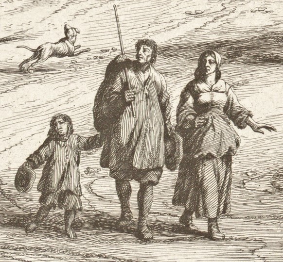 Dessin monochrome montrant un couple et un enfant