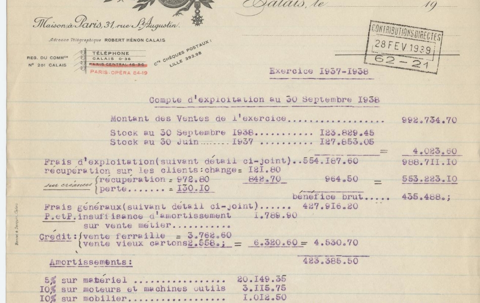 Document dactylographié avec en-tête imprimée ; à gauche un dessin représente la manufacture ; à droite, on lit « Manufacture de dentelles. Maison Henri Hénon. Robert Hénon, successeur. 92, rue des 4 Coins ». En dessous, le texte dactylographié suivant "Compte d’exploitation au 30 septembre 1938". S’en suit un relevé d’opérations numériques mis en page à la machine à écrire.