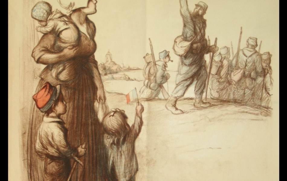 Affiche couleur qui montre un dessin signé Poulbot représentant une scène de mobilisation : on voit un soldat vêtu de l’uniforme bleu horizon rejoindre une troupe. Il se retourne pour saluer sa famille de son mouchoir. Au premier plan, on voit sa femme qui porte un bébé dans les bras et deux autres petits enfants. Le garçon porte un képi rouge et bleu et tient une épée de bois à la main ; la petite fille, de dos, salue le départ de son père avec un drapeau tricolore. On lit sous le dessin : « N’oubliez pas de souscrire… pour la Victoire !... et le retour !