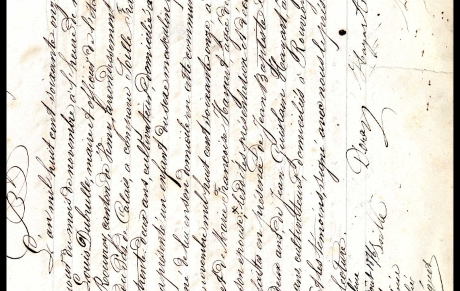 Registre manuscrit sur lequel on lit : "Acte de naissance Rouvroy, Victor Joseph, enfant légitime. Le dénommé en l’acte ci-contre a contracté mariage à Rouvroy le 23 avril 1898 avec Copin Caroline Adélaïde, née à Rouvroy le 10 août 1876. L’officier d’état civil. L’an mil huit cent soixante onze, le vingt-sixième jour du mois de novembre à l’heure de midi, pardevant nous Louis Dubrulle, maire et officier de l’état civil de la commune de Rouvroy, canton de Vimy, arrondissement d’Arras, département du Pas-de-Calais, a comparu Soille François Joseph, âgé de trente deux ans, cultivateur, domicilié à Rouvroy, lequel nous a présenté un enfant du sexe masculin qu’il a déclaré être né de lui en son domicile en cette commune le vingt cinq novembre mil huit cent soixante onze, à neuf heures du soir, et de Marie Françoise Hayart, âgée de trente trois ans, son épouse x ; lesdites présentation et déclaration ont été faites en présence de Jean Baptiste Dorez âgé de trente deux ans, de jean Guislain Hayart, âgé de trente sept ans, cultivateurs, domiciliés à Rouvroy ; ont le comparant et les témoins, signé avec nous le présent acte après lecture, Dorez, Hayart,  Soille, M Dubrulle".