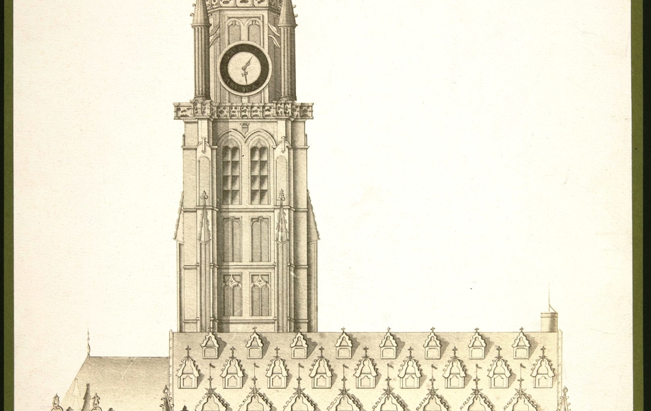 Dessin monochrome montrant la façade d'un bâtiment surmontée d'un beffroi.