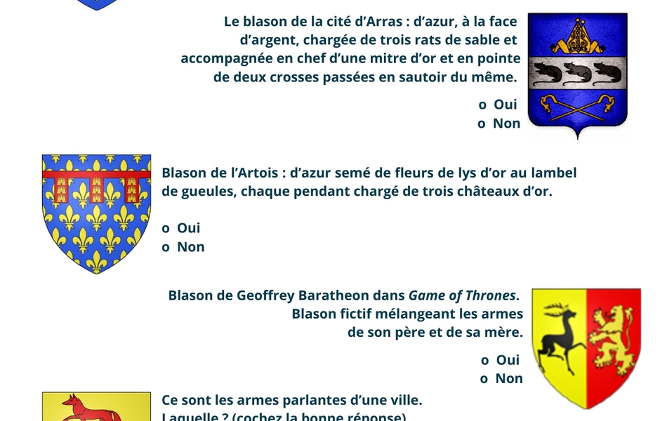 Document couleur sur lequel on lit : "Quelques blasons pour vous inspirer. Est-ce-que ces armes respectent les règles du blason ? (cochez oui ou non). Les armes du roi de France : d'azur semé de fleurs de lys d'or (photo d'un blason bleu avec 3 fleurs de lys jaune). Le blason de la cité d'Arras : d'azur, à la face d'argent, chargé de 3 rats de sable et accompagné en chef d'une mitre d'or et en pointe de 2 crosses passées en sautoir du même (photo d'un blason bleu avec une bande grise dans laquelle se trouvent 3 rats. Au-dessus une mitre jaune, en-dessous 2 crosses croisées). Blason de l'Artois : d'azur semé de fleurs de lys d'or au lambel de gueules, chaque pendant chargé de 3 châteaux d'or (photo d'un blason bleu parsemé de fleurs de lys jaune. Une bande rouge avec des pendants dans lesquels se trouvent des châteaux jaune). Blason de Geoffrey Baratheon dans Game of Thrones. Blason fictif mélangeant les armes de son père et de sa mère (photo d'un blason jaune et rouge avec un cerf noir et un dragon jaune). Ce sont les armes parlantes d'une ville. Laquelle ? (cochez la bonne réponse) : Cassel, Châteaurenard, Château-Thierry (photo d'un blason jaune avec un renard et un château rouges). Voici les armoiries de la Franche-Comté. Elles ont inspiré le logo d'une marque de voiture très célèbre. Laquelle ? (cochez la bonne réponse) : Ford, Citroën, Peugeot (photo d'un blason bleu avec un dragon jaune).