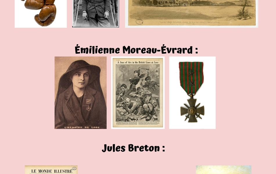 Réponses de l’atelier « Grandes figures du Pas-de-Calais ». Les images associées à Georges Carpentier sont : une photographie d’un jeune soldat en uniforme devant un avion (début du XXe siècle) ; des gants de boxe (début du XXe siècle) ; un dessin d’une vue du village de Liévin -  prise du bois de Liévin (XIXe siècle). Les images associées à Emilienne Moreau- Evrard sont : le portrait d’une jeune femme en deuil, portant la mention « l’héroïne de Loos » (milieu du XXe siècle) ; la une de journal britannique, titré « A joan of Arc in the Britishi Lines at Loos », ce qu’on peut traduire comme « Jeanne d’Arc dans les lignes britanniques à Loos ». Représentation de combattants avec l’héroïne de Loos (milieu du XXe siècle) ; une décoration militaire « Croix de la guerre ». Les images associées à Jules Breton sont : la une du journal Le Monde Illustré, représentant un peintre à l’épaisse barbe blanche dans son atelier (1905) ; la signature autographe de « Jules Breton » ; une peinture représentant une jeune paysanne portant une faucille pieds nus dans un champ au coucher du soleil intitulée Le Chant de l’alouette, œuvre de Jules Breton (1884).