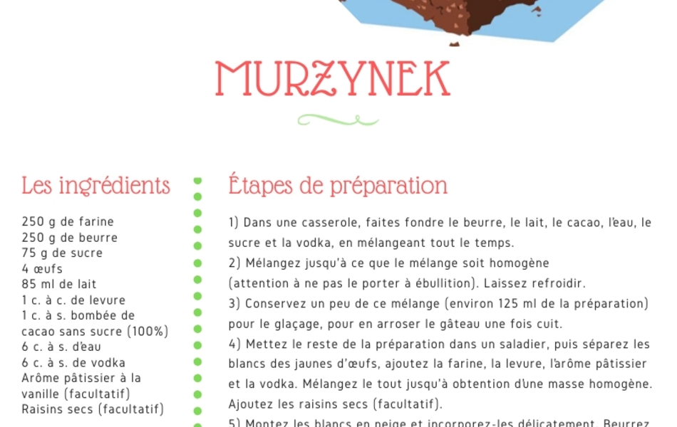 Recette de cuisine sur laquelle on lit : "Recette de MURZYNEK, d’après les recettes de Wioletta. Il s’agit d’un gâteau au chocolat recouvert d’une ganache au chocolat (recette polonaise). Les ingrédients : 250 g de farine, 250 g de beurre, 75 g de sucre, 4 œufs, 85 ml de lait, 1 c. à c. de levure, 1 c. à s. bombée de cacao sans sucre (100%), 6 c. à s. d’eau, 6 c. à s. de vodka, arôme pâtissier à la vanille (facultatif), raisons secs (facultatif). Les étapes de préparation : 1) Dans une casserole, faites fondre le beurre, le lait, le cacao, l’eau, le sucre et la vodka, en mélangeant tout le temps. 2) Mélangez jusqu'à ce que le mélange soit homogène (attention à ne pas le porter à ébullition). Laissez refroidir. 3) Conservez un peu de ce mélange (environ 125 ml) pour le glaçage, pour en arroser le gâteau une fois cuit. 4) Mettez le reste de la préparation dans un saladier, puis séparez les blancs des jaunes d'œufs, ajoutez la farine, la levure, l’arôme pâtissier et la vodka. Mélangez le tout jusqu'à obtention d’une masse homogène. Ajoutez les raisins secs (facultatif). 5) Montez les blancs en neige et incorporez-les délicatement. Beurrez et saupoudrez avec un peu de semoule fine le fond de moule à gâteau. 6) Préchauffez le four et faites cuire à 180° C, pendant 45 mn à 1 heure. 7) Vérifiez que le gâteau soit bien cuit à l’aide d’une pique en bois. Si celle-ci ressort sèche, alors le gâteau est prêt. Dans le cas contraire, laissez encore quelques minutes, tout en surveillant. 8) Laissez refroidir le gâteau dans le moule. Démoulez et arrosez-le du mélange au chocolat conservé précédemment. Décorez selon vos envies. S M A C Z N E G O ! ! ! (signifiant « Bon appétit en polonais). Collaboration du Département du Pas-de-Calais, de l’Université d’Artois, de l’Esaat et de l’ICEP".