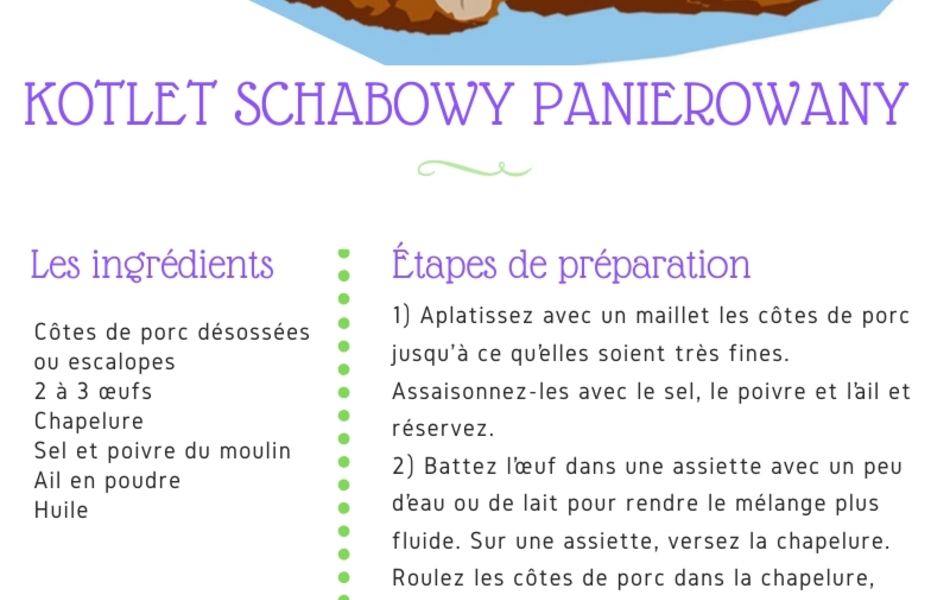 Recette de cuisine sur laquelle on lit : "Recette de KOTLET SCHABOWY PANIEROWANY, d’après les recettes de Wioletta. Il s’agit de côtes de porc panées (recette polonaise). Les ingrédients : Côtes de porc désossées ou escalopes, 2 à 3 œufs, chapelure, sel et poivre du moulin, ail en poudre, huile. Les étapes de préparation : 1) Aplatissez avec un maillet les côtes de porc jusqu'à ce qu’elles soient très fines. Assaisonnez-les avec le sel, le poivre et l’ail et réservez. 2) Battez l’œuf dans une assiette avec un peu d’eau ou de lait pour rendre le mélange plus fluide. Sur une assiette, versez la chapelure. Roulez les côtes de porc dans la chapelure, puis trempez-les dans l’œuf et enrobez-les à nouveau de chapelure. 3) Faites chauffer l’huile dans une grande poêle sur feu moyen-vif et faites-y dorer les côtes de porc en les retournant à mi-cuisson. 4) Gardez au chaud jusqu'au moment de servir. S M A C Z N E G O ! ! ! (signifiant « Bon appétit en polonais). Collaboration du Département du Pas-de-Calais, de l’Université d’Artois, de l’Esaat et de l’ICEP".