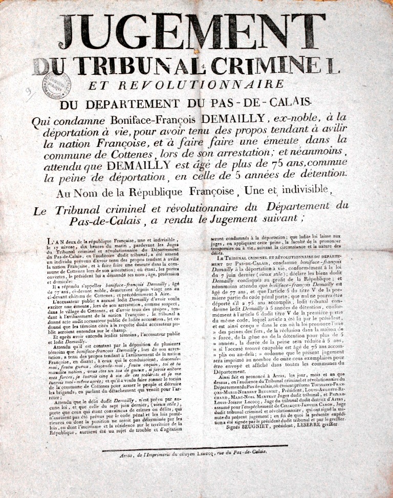 Texte imprimé qui commence par "Jugement du tribunal criminel et révolutionnaire du département du Pas-de-Calais".