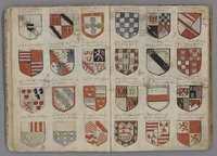 Livre manuscrit où sont dessinés de petits blasons en couleurs.